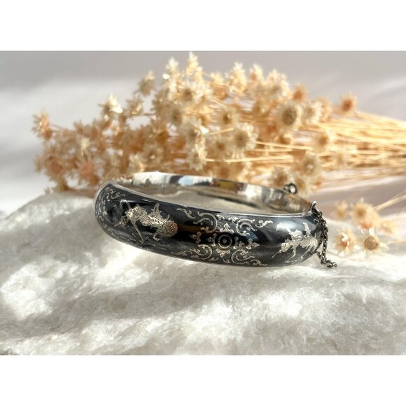 Siam Sterling Silver 925 Hand Carved Hinged Enclosure Vintage Bangle Bracelet - Picture 8 of 16